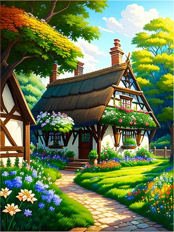 A traditional medieval English cottage landscape painting、Fairy tale、Vivid picture、 beautiful brown timber frame on bright white wall。ochre thatched cottage 、Flowers surrounding the house 々、The background is a vast green hill、 Bright Blue Skies 
