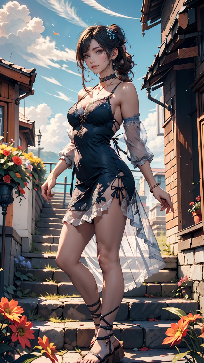 Paris in a festive mood for Bastille Day、Cherry blossoms falling、24 year old Caucasian female、Sexy proportions、Sexy、White Summer Dress、Wide-brimmed hat decorated with ribbon、High heels、Wander around Paris、smile