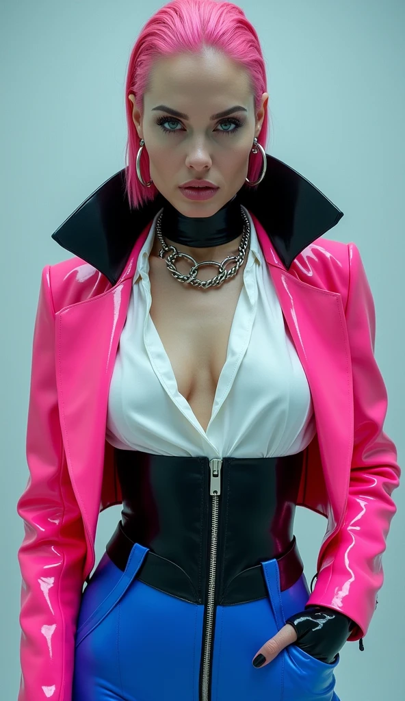 arafed woman in red latex straitjacket with a red ball gag, wrapped in leather straps, wearing red leather shirt and black leather skirt, detailed leather texture, harnesses and garters, harness, red and black leather, intricate red leather suspenders, ballgag, restrained, leather sub, portrait shot, leather, dominatrix, wearing red leather and black outfit, closeup portrait shot, wearing atsuko kudo leather outfit