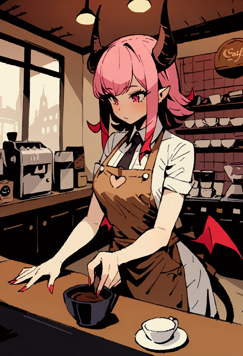 超 Details、 best quality、masterpiece、 cartoon style、 Details、 best quality、masterpiece、 pink hair、 medium hair、solo、Cafe、apron、coffee、apron、coffeeショップ、barista girl 、 succubus、Devil horns