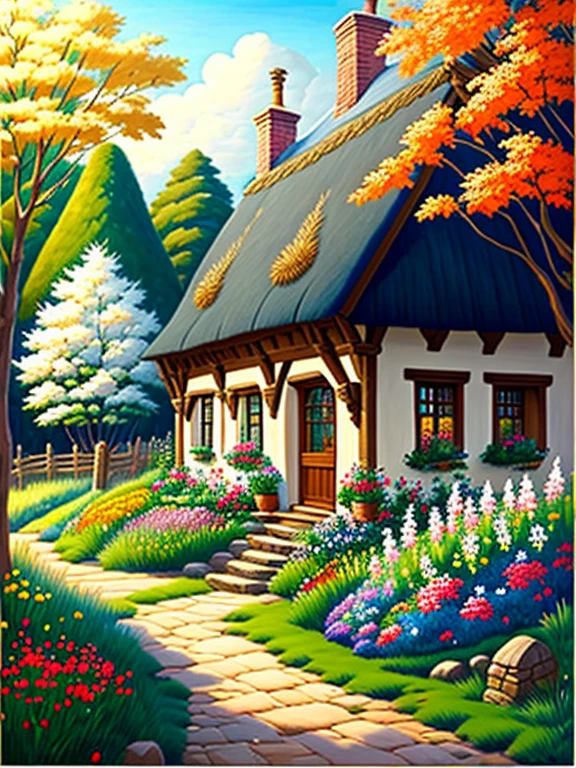  traditional cottage landscape painting in medieval England、Fairy tale、Vivid picture、 beautiful brown timber frame on bright white wall。ochre thatched cottage 、Flowers surrounding the house 々、The background is a gentle hill 、 Bright Blue Skies 