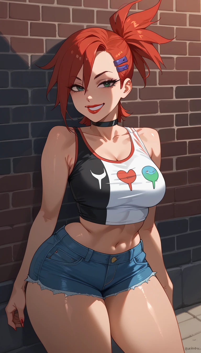 
frankie foster, red hair, (colorful striped tank top shirt +   very short and tight low waist denim shorts),   black leather choker  , lipstick,   exposed legs  , thick thighs ,   black boots , shiny and oily skin ,focus only,   half-closed eyes  ,  smiling,   posing for Instagram  , fun street pose  (um beco, Brick walls,Graphite,Urban,), face vibrant colors.open plan