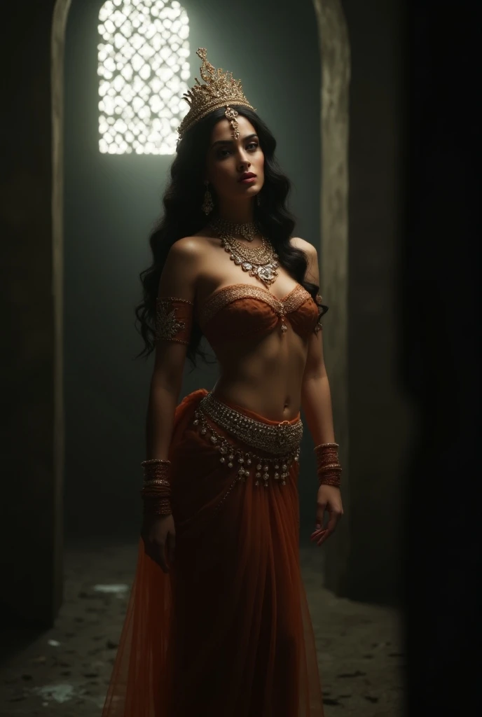 A beautiful Indian goddess bride standing nude, wearing only jwellery, big boobs, fair skin,  sexy figure,  very bold makeup, nipples painted, bid boobs, deep lipstick, eye liner, eye shadow, full face makeup, surrounded by bunch of black very old naked beggars, very thin, dark skin, white hair, in an empty deserted railway station at night, everyone one is naked, 