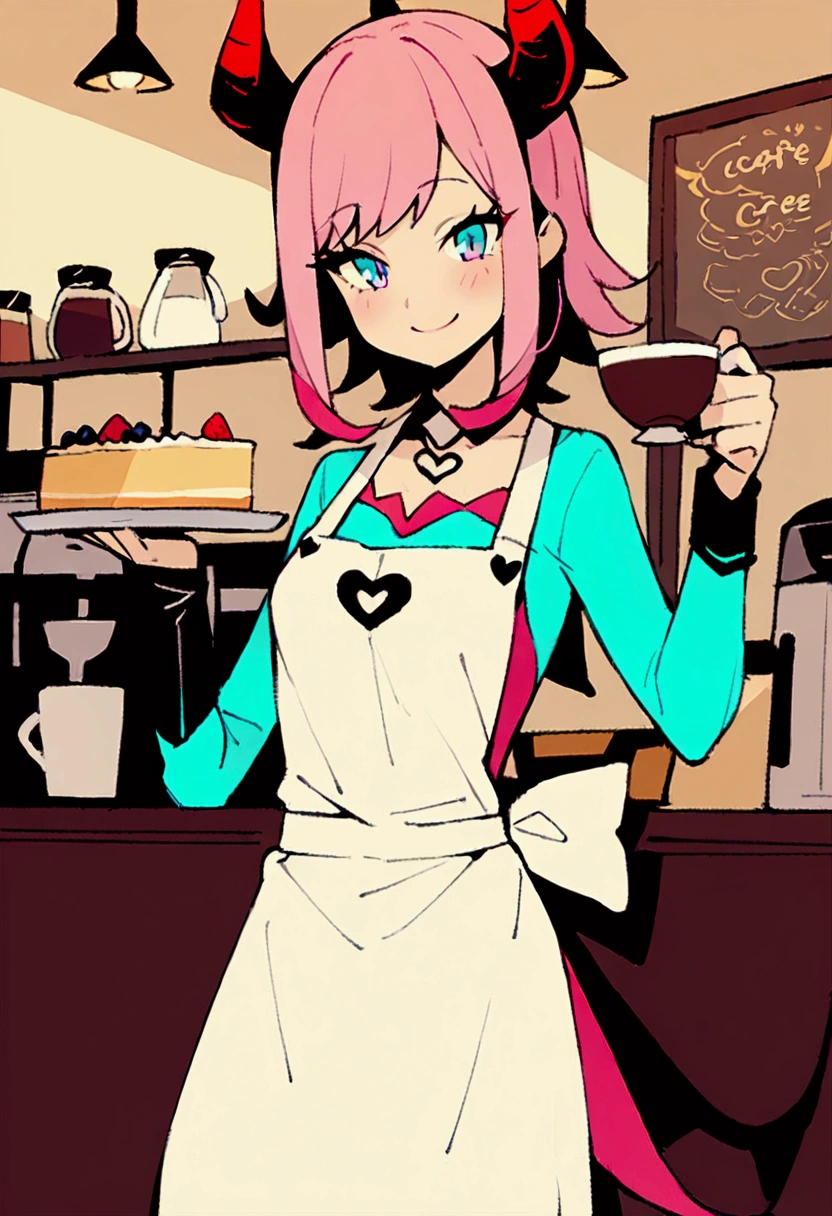 超 Details、 best quality、masterpiece、 cartoon style、 Details、 best quality、masterpiece、 pink hair、 medium hair、solo、Cafe、apron、coffee、apron、coffeeショップ、barista girl 、 succubus、Devil horns、smile、Cheesecake