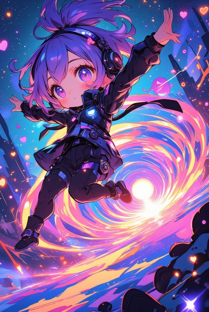 A cute chibi futuristic costume girl is jumping into the vivid space-like circle portal at the far end. cosmic eyes,cosmic hair color, super vivid color, many heart notes, many star notes, super pop,many vivid sparkles, dynamic, dynamic camera work, dynamic action pose, anime style, cosmic color, many colorful concentration lines,focus on circle portal