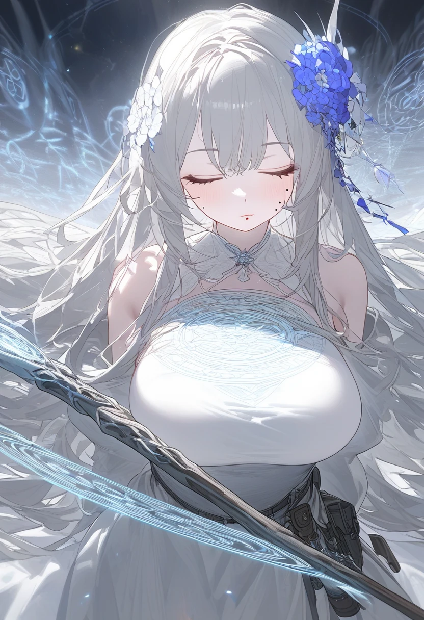 1girl, closed eyes, pale skin,mole on lips, mole, hair flower, hair ornament, boots, holding, holding behind back, holding staff, holster, long hair, very long hair, silver hair, solo, staff, thigh holster, white dress, looking at viewer, magic circle, large breasts, breasts