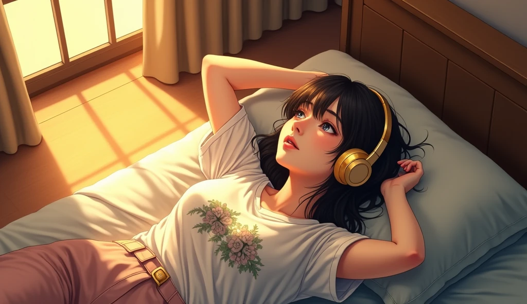 Perfect image, 8k, High school girl listening to music in a cozy room,Big Breasts、 Using headphones, 2D-style animation, Lo-Fi,autumn leaves、autumn、Dozing off、Retro、Anime style illustrations、Mature atmosphere、Wearing knitwear