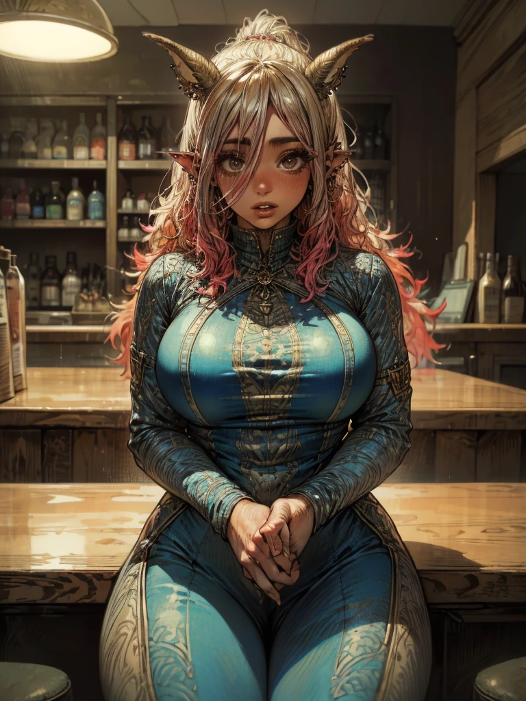  anthrodragon with a female face 。 with beautifully detailed eyes and lips 、 very detailed facial expression with prominent long eyelashes 。Very drunk and blushing expression 、 has a toned body covered with scales and a long tail。 with long hair fluttering 、 earring on membrane ears 、 Seductive Poses。Wear a gorgeous medieval fantasy costume with slits、Sitting at the bar counter。Best Quality、4K、8k、 Hi-Res、masterpiece(1.2)、 Ultra High Definition、 realistic and photorealistic (1.37)、 studio lighting、Ultra fine depiction 、 sharp focus、 physically-based rendering、 extreme detail 、 professional finish 、 vibrant colors、 soft lighting 、 portrait and landscape composition 、 Pictorial Style 、 vivid color palette 、 jewelry、 sit and spread your legs 