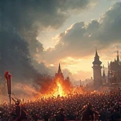 documentary photo of a burning church on top of a hill, clouds in the sky. Flames burn walls and roof, crowd of people run away in panic. (crowd of people run away in panic:1.5). extremely detailed, 8K, apocalyptic punk style, miniatures, macro photography in close-up, view from above, high angle shoot, Fujifilm X-T4