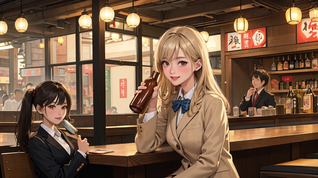 masterpiece,Highest quality,One girl,alone,Beth,,Blonde,Long Hair,close your eyes,Open your mouth,,shout、looks fun,(Drunk,blush),Sitting,drinking,((suit)),,Hold a mug of beer high,Izakaya、Healthy images