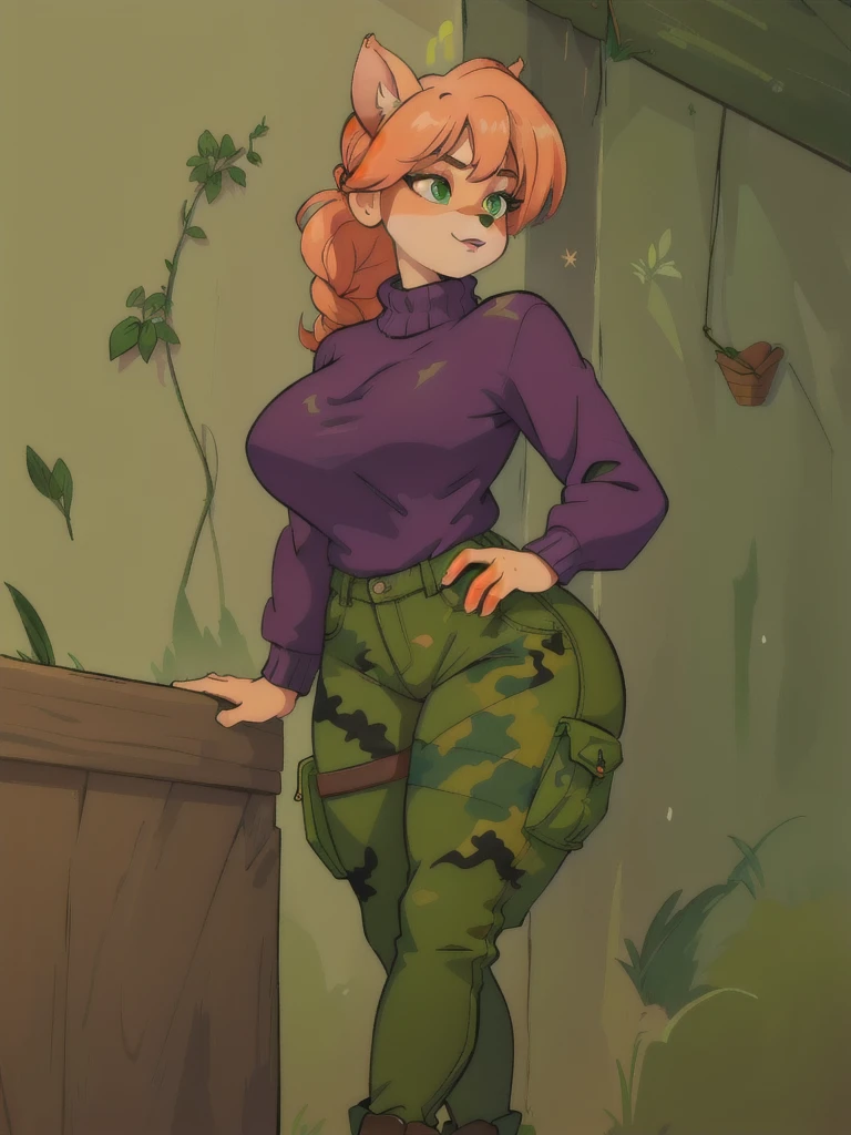 Furry, sancy anthro bandicoot girl redhead, braided hair, beautiful green eyes, sexy, seductive, warm sweater, camouflage pants, army boots,