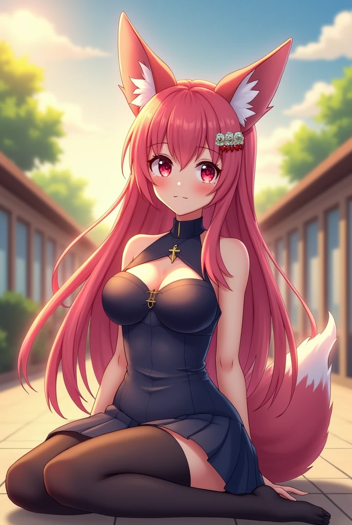 Adult woman, short pink hair, Fox ears, Fox tails, colorful eyes, tight dress, ssmile, Masterpiece, hiquality
