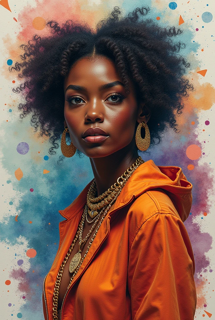 Magic style, 
Beautiful paintings of black women, Beautiful face, in shiny gold chains, Hip-hop, delicate, Avant-garde, Queen of the streets, Look, Ultra-fine, Fantasy art, Complexity and confusion, Germ of art, Unrivaled beauty of glass, Figurative art, Intense watercolor, Watercolor detail art, Watercolor splatter, Surrealism, Avant-garde literary works, Beautiful and expressive paintings, Beautiful art illustration, rich and colorful, remarkable, Cruel beauty, masterpiece, best quality,