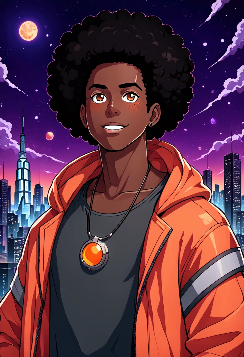 (foco frontal), (8k, 4k, intricate),(closeup-shot:1), (highly detailed:1.2),(detailed background:1.2, city background, night time), cartoon of a pretty boy with freckles wearing a off shoulder orange jacket and short afro hair, plump lip(smiling), a teen black survivor, ( ( dark skin ) ), afrofuturism anime, afro futurism, ( ( bit flip | god of ai art ) ), #pixelart:3, floating!!! in a nebula, inspired by Rajmund Kanelba, afro - futurist style, inspired by Greg Staples, post-apocalyptic, jet black hair, dark grey tank top shirt,  an Close up of a handsome male wearing apocalypstic streetwear, studio trigger anime artstyle,,, Black man of Asian descent, Young African Asian)