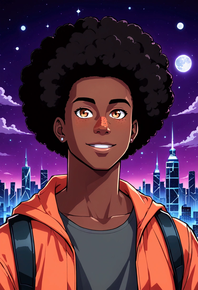 (foco frontal), (8k, 4k, intricate),(closeup-shot:1), (highly detailed:1.2),(detailed background:1.2, city background, night time), cartoon of a pretty boy with freckles wearing a off shoulder orange jacket and short afro hair, plump lip(smiling), a teen black survivor, ( ( dark skin ) ), afrofuturism anime, afro futurism, ( ( bit flip | god of ai art ) ), #pixelart:3, floating!!! in a nebula, inspired by Rajmund Kanelba, afro - futurist style, inspired by Greg Staples, post-apocalyptic, jet black hair, dark grey tank top shirt,  an Close up of a handsome male wearing apocalypstic streetwear, studio trigger anime artstyle,,, Black man of Asian descent, Young African Asian)