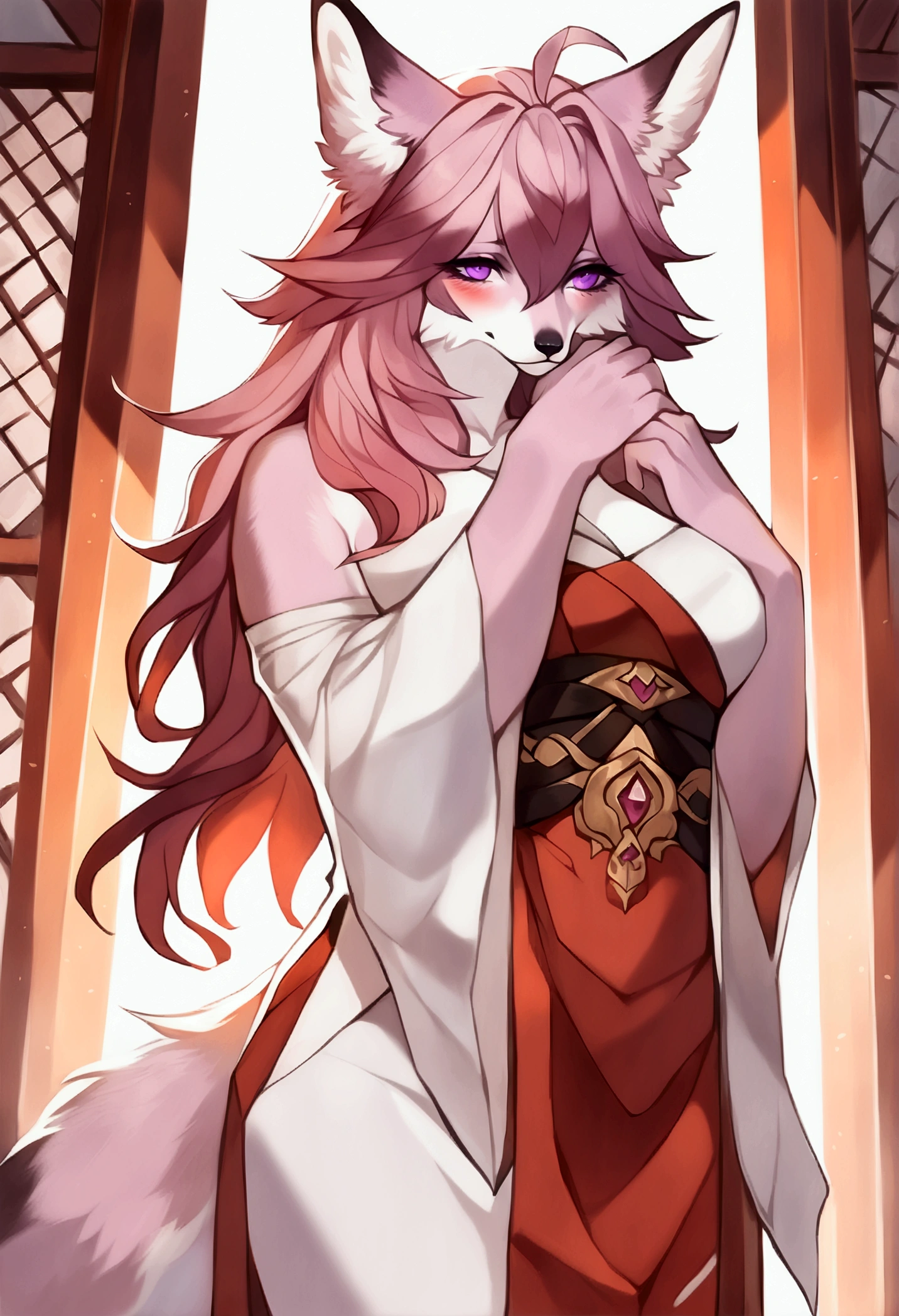 (top quality, best quality, Juliathedragoncat, High-quality illustrations, masterpiece, perfect artwork, cinematic light and shading, 16k, 1080p, uploaded on e621)(kemono, furry, anthro, alone), 1 mature female, (very detailed body, face, tail, arms, hands, legs, head and eyes), fox, Yae Miko, (Genshin Impact), hunter body, mature body, big breasts, pink fur, fluffy, fluffy tail, shrine maiden long hair, perfect eyes, purple eyes, black pupils, beautiful shrine dress, beautiful legwear, beautiful shrine garden, body movement, body twitching, red blushing, shy, protective behavior,