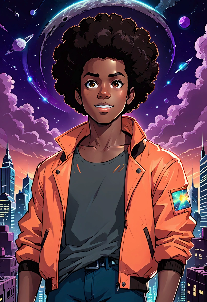 (foco frontal), (8k, 4k, intricate),(closeup-shot:1), (highly detailed:1.2),(detailed background:1.2, city background, night time), cartoon of a pretty boy with freckles wearing a off shoulder orange jacket and short afro hair, plump lip(smiling), a teen black survivor, ( ( dark skin ) ), afrofuturism anime, afro futurism, ( ( bit flip | god of ai art ) ), #pixelart:3, floating!!! in a nebula, inspired by Rajmund Kanelba, afro - futurist style, inspired by Greg Staples, post-apocalyptic, jet black hair, dark grey tank top shirt, an Close up of a handsome male wearing apocalypstic streetwear, studio trigger anime artstyle,,, Black man of Asian descent, Young African Asian)