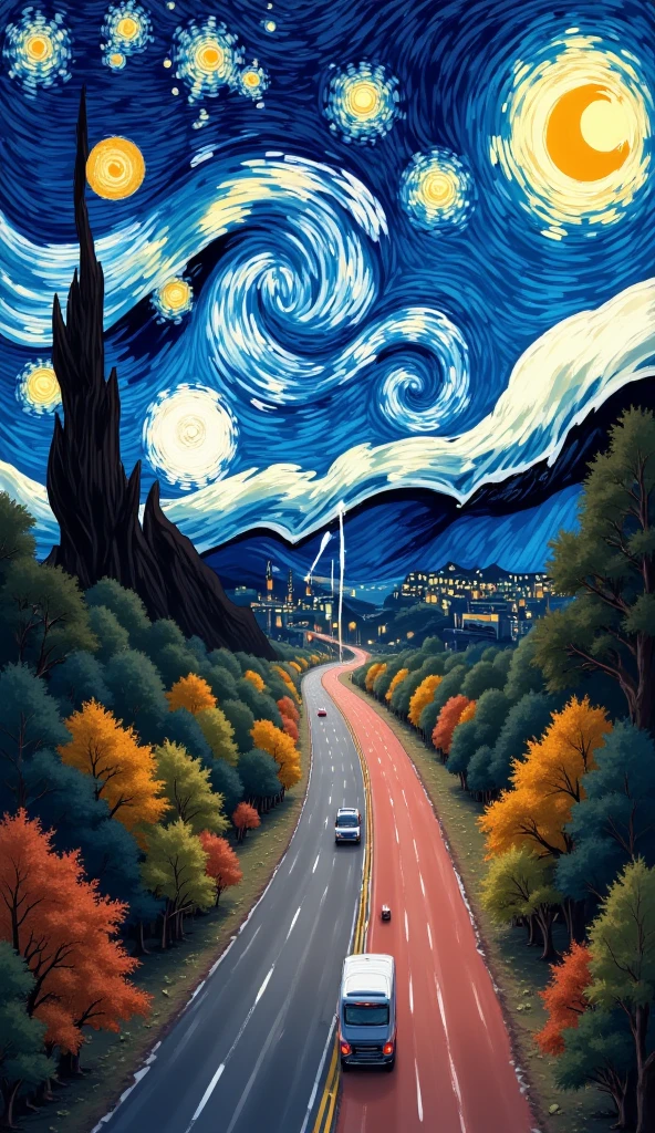 Poster Design,Starry Night,Van Gogh Brushstrokes,Dopamine Color,Ancient Poetry Rhyme,Fusion of Art Style,Creative Expression,Close-up of Cool Wind New Energy Vehicle Driving on the Highway in Realistic Style,E-commerce Poster Visual Blockbuster Design,Delicate Picture Quality,Gorgeous Resolution,Realistic Cinematography,Panorama,Depth of Field,Extreme Detail,Masterwork,8K Resolution,