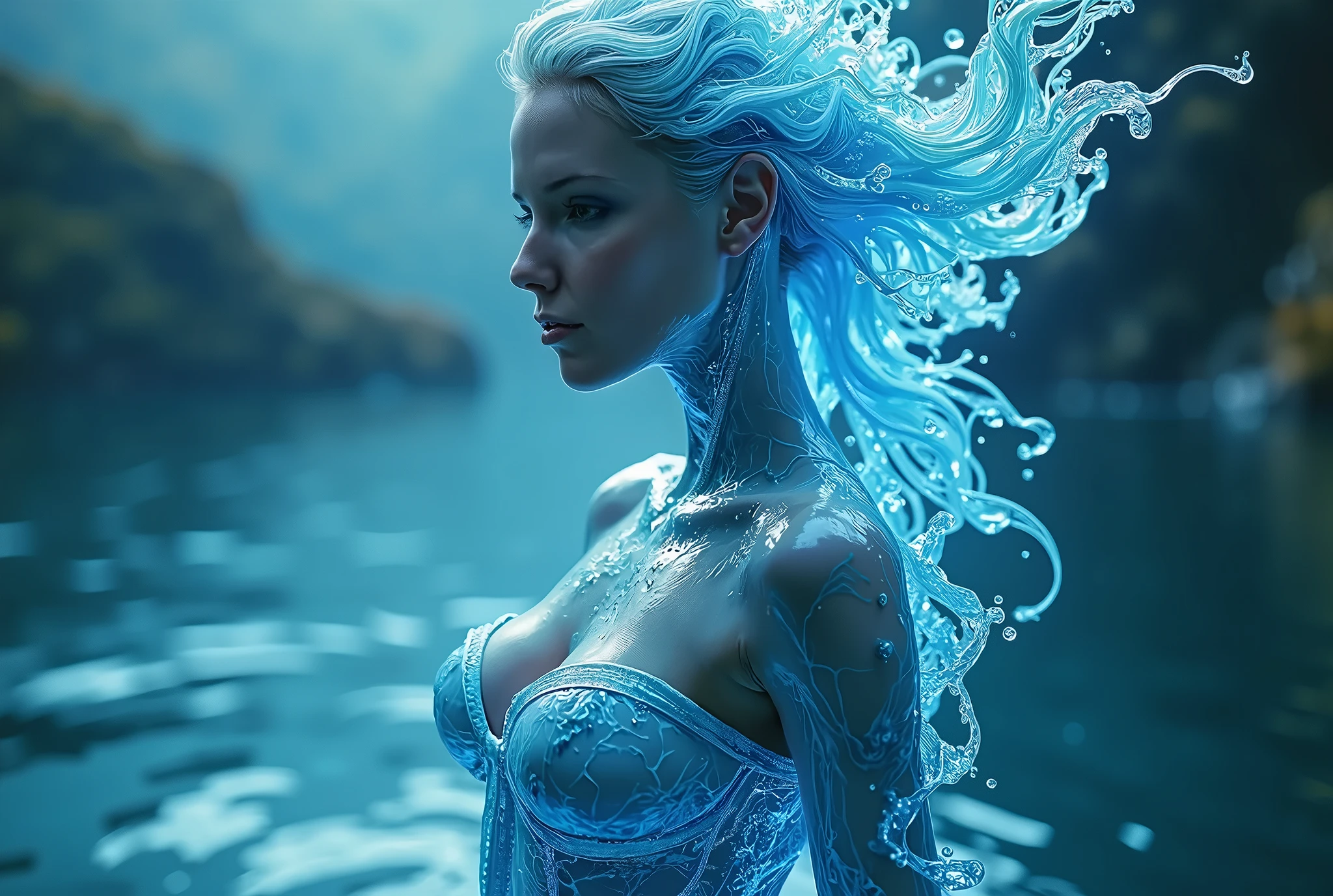 (masterpiece,best quality:1.4),(8k,raw photo,photo realistic:1.2),shiny skin,detailed skin,detailed face,detailed eyes, 1girl,looking at viewer,Japanese idol,extremely beautiful face, LiquidHair, liquid hair, blue mucus floating around, slime girl, covered in blue slime, (partially transparent), (Wet with water), (blue sweat), Slimy blue liquid dripping from her body. Her hair is also covered in blue slime. blue slime scatters, Blue hair, blue eyes