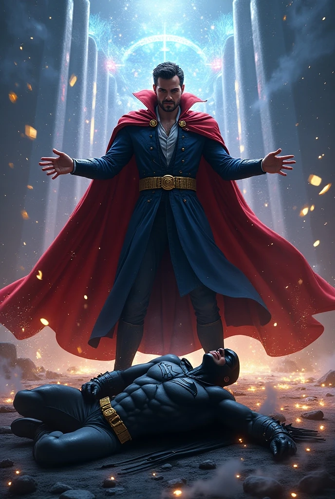 Evil superman lifting madara uchiha up on one hand and shooting purple laser from his eyes. Realistic