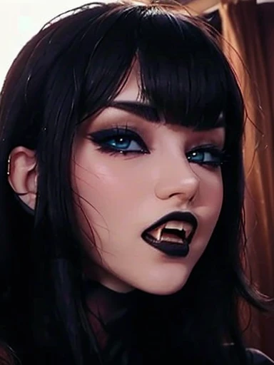 Generate a hyper-realistic image that employs the shallow depth of field technique, Head and sholders portrait to highlight a pretty goth (((vampire))) girl, ((open mouth with vampire canine teeth)) , perfect teeth, wearing a gothic dress, ((cut hair with fringe)), tattooed, ((heavy makeup)) , at ((night in a creepy cemitery)) setting, (((under the moonlight))). The girl should be the focal point, with crisp clarity, while the background of the forest should be gently blurred to create a bokeh effect. (((black roses In the foreground))) should be visible but blurred, adding depth to the composition.", adding depth to the composition. Sony Alpha A7R III, macros lens , f/5.6. ((Cinematic purple and pink Lighting)) .