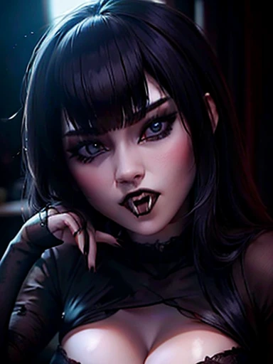 Sexy and aggressive vampire , growling showing affiliated fangs,  blue eyes and dark makeup cute face looking at the viewer big exposed breasts 