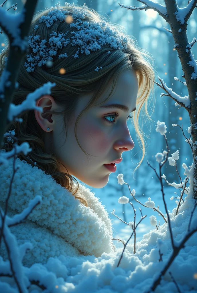 Magic style, in a dense snowy forest I met her tender gaze in Van Gogh style in the style of Alyssa Monks and Glenn Brown style, soft play of light and shadow, masterpiece, a variety of small details in the background, random, hyper detailed , trending on artstation, intricate details, highly detailed, highly detailed, digital painting, perfect result, HDR, illustration, very clear image, evocative, striking, Fluorescent light, Side angle perspective, perfect face, polished, glorious, seraphic, dreamy, astonishing, fabulous, captivating, pretty, mesmeric, elegant, magnificent, sublime, luscious, dreamy, Mysterious