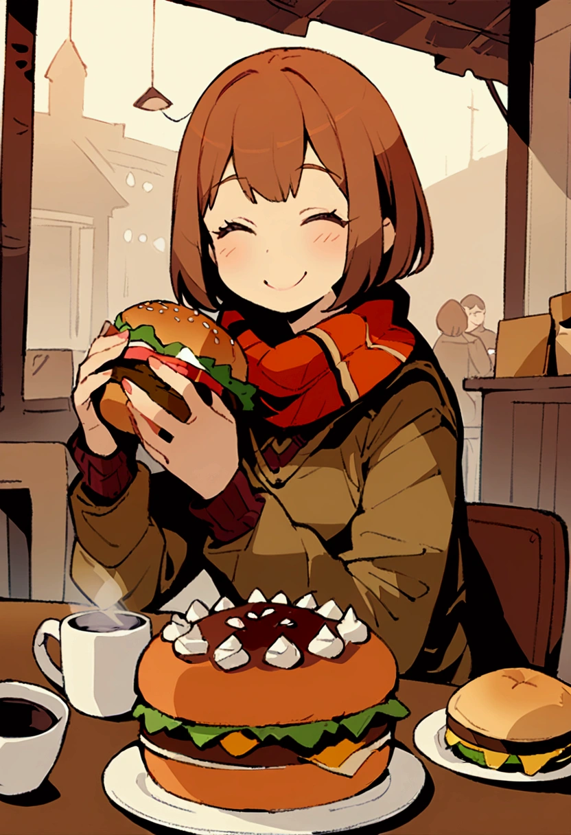 超 Details、 best quality、masterpiece、 cartoon style、 Details、 best quality、masterpiece、solo、Cafe、coffeeショップ、 1 girl 、Brown Hair、 short hair、 muffler 、Adventurer、smile、hamburger、cake、coffee、spaghetti、Large amount of food、table、 eating、happiness