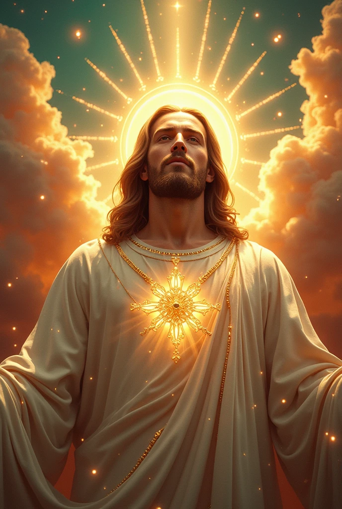 Jesus Cristo, em uma nuvem escura, jogando luz na terra, luz do sol, highes definition