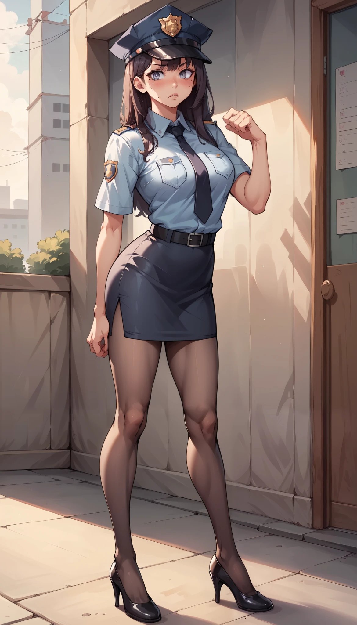 NSFW, masterpiece, Highest quality, High resolution, Very detailed, (Perfect Anatomy), Masterpiece, Ultra High Quality, 8k, masterpiece, Highest quality, Ultra-high resolution, Maximum resolution, Very detailed, Professional Lighting, anime, so beautiful, Highly detailed eye, Highly detailed face, Young face, mole, confused, blush, Short height, Police Officer, hat, mini skirt, Pencil Skirt, pantyhose, Heels, flirty girl, hooker, seduce pose, 