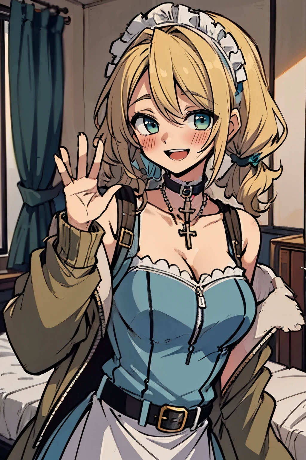 (masterpiece:1.2), (high quality:1.2), rekkyo sensen, rekkyou sensen, girls with(((1girl, solo, aiden d adams, blonde hair, teal eyes, smiling, blush, opened mouth, maid headdress, wavy medium hair, right swept bangs, low twintail:1.3), maid, breasts, choker, cleavage, coat, cowboy shot, (white frilled dress:1.2), camisole, white apron, blue dress, off-shoulder sleeves, bare shoulders, ribbon waist belt, collar, collarbone, rosary, rosary choker, cross, fur, khaki hoodie, green hoodie, hood down, hooded coat, hooded jacket, hoodie, jacket, large breasts, long sleeves, medium breasts, open clothes, open coat,open hoodie, sleeveless, winter clothes, zipper, cleavage, upper body, hand up, waving, palm)), background with((bedroom, room:2.0))