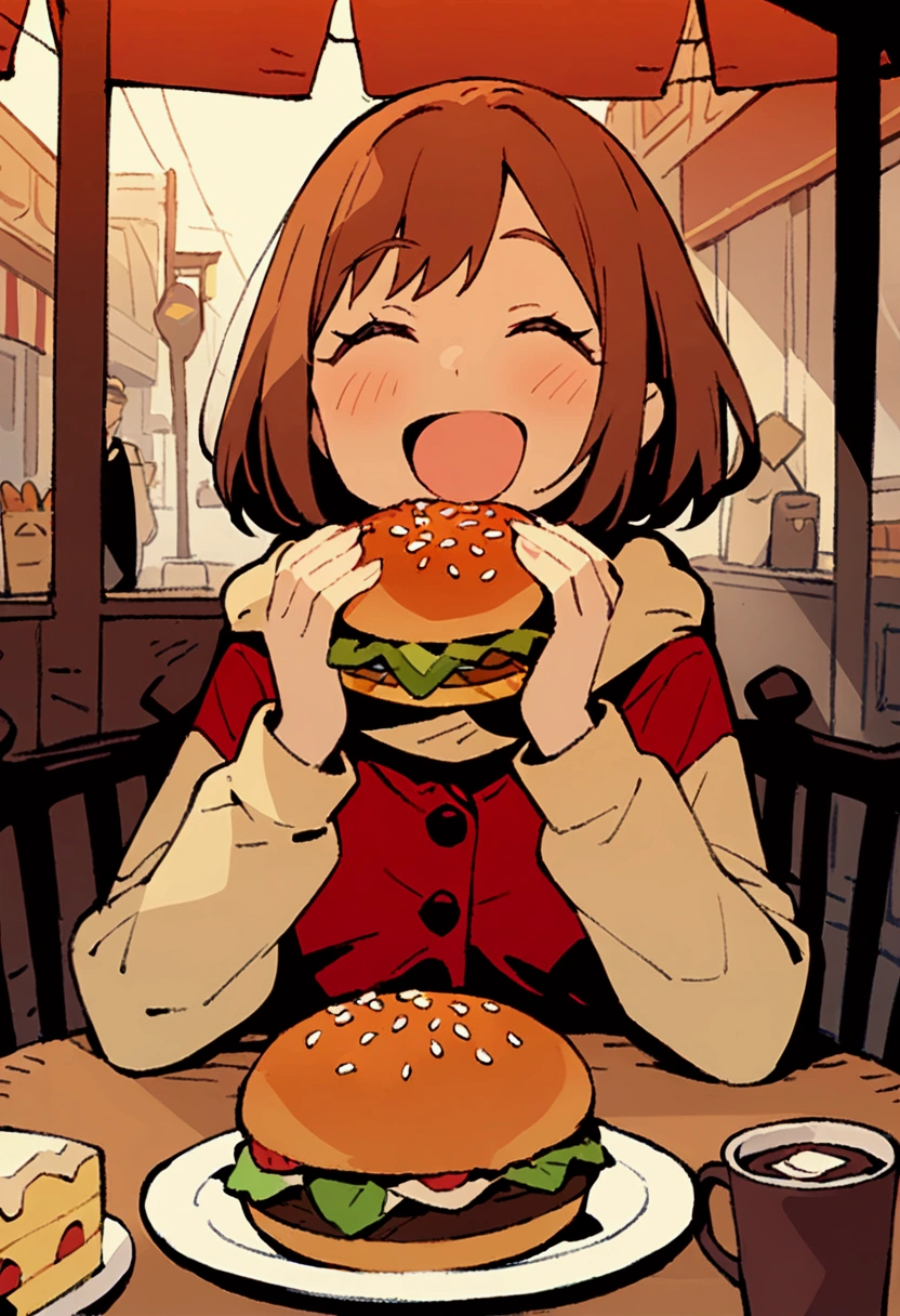 超 Details、 best quality、masterpiece、 cartoon style、 Details、 best quality、masterpiece、solo、Cafe、coffeeショップ、 1 girl 、Brown Hair、 short hair、 muffler 、smile、hamburger、cake、coffee、spaghetti、Large amount of food、table、 eating、happiness、 characters with open mouth 