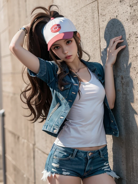 top-quality, 超A high resolution, (Photorealsitic:1.4), (1 persons), ((Pink short jacket)), ((whiteshirt)), (((Super Low Rise Blue Denim Slim Pants))), (twin tails with shiny black hair), (Ideal female body type), (A slender), model shot,
