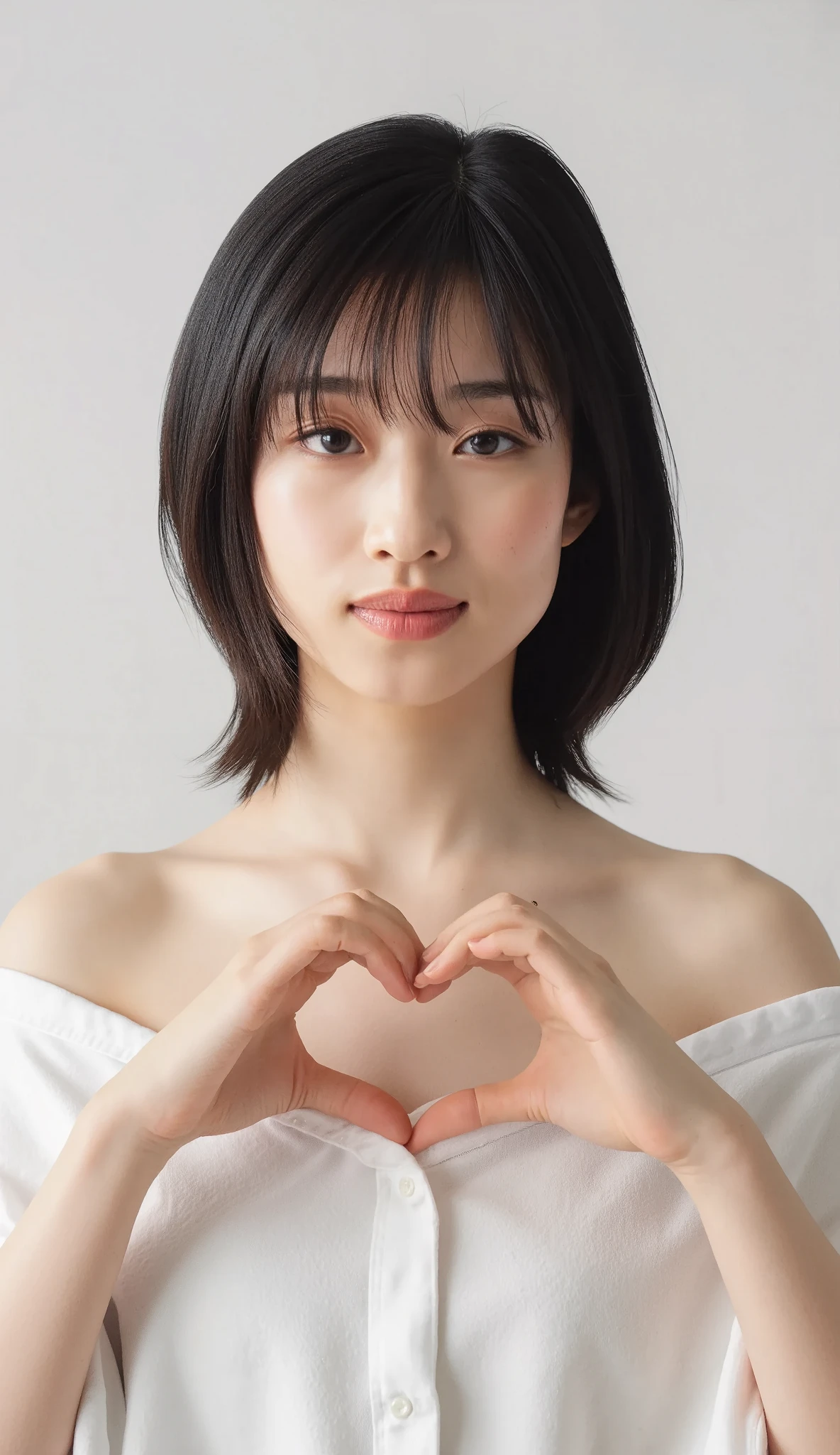 Only one woman with a cute smile wears cute, fluffy off-shoulder pajamas, makes a big heart shape with both hands, and poses them in front of her chest, View above collarbone、The background is a monotone 

