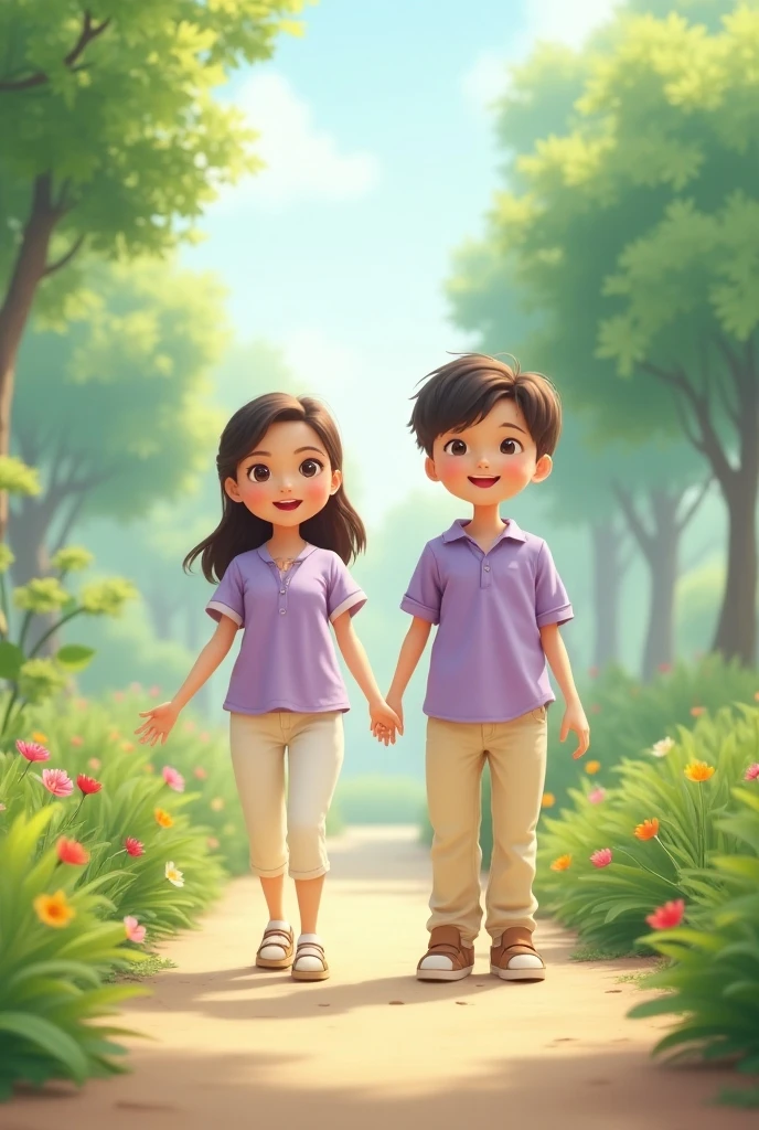 Illustration of two children, um menino e uma , brincando alegremente em um parque