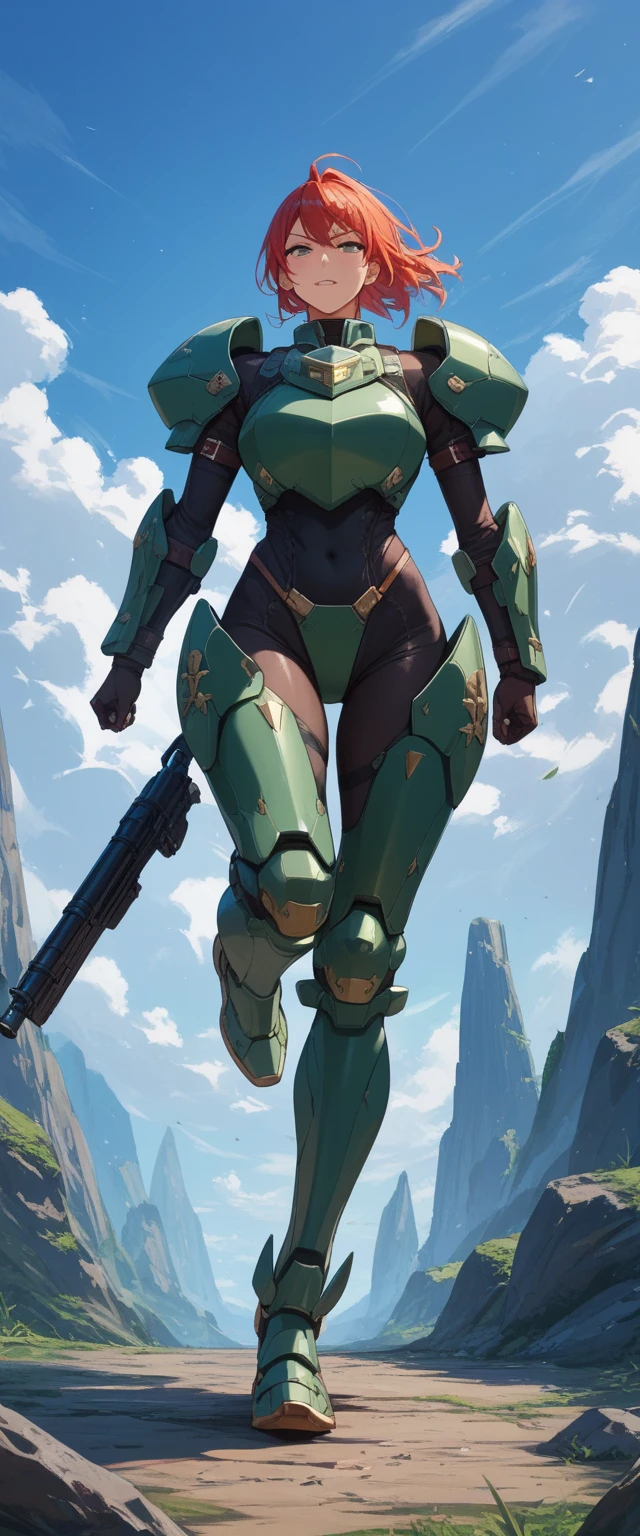 ((Best quality)), ((masterpiece)), (detailed: 1.4), (Absurd), (((full body)), (((woman))), 35-year-old woman, Beautiful muscular woman, giant robot pilot, wild with perfect body, wearing little clothing, tiny thong, clothing with Japanese graphic patterns, halftone pattern and vertical stripes, moss green