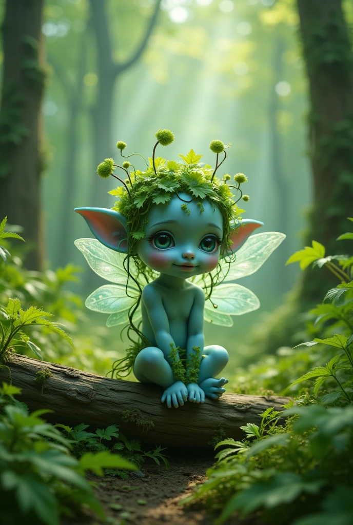 Fairy style, Create a whimsical forest scene featuring a small, enchanting creature with a delicate, blue skin tone, resembling a blend of plant and fairy-like features. It has leafy vines intertwined in its hair and moss-covered limbs, sitting peacefully among vibrant green ferns and a weathered log. The setting should evoke a sense of magic and tranquility, illuminated by soft, dappled sunlight filtering through the trees.