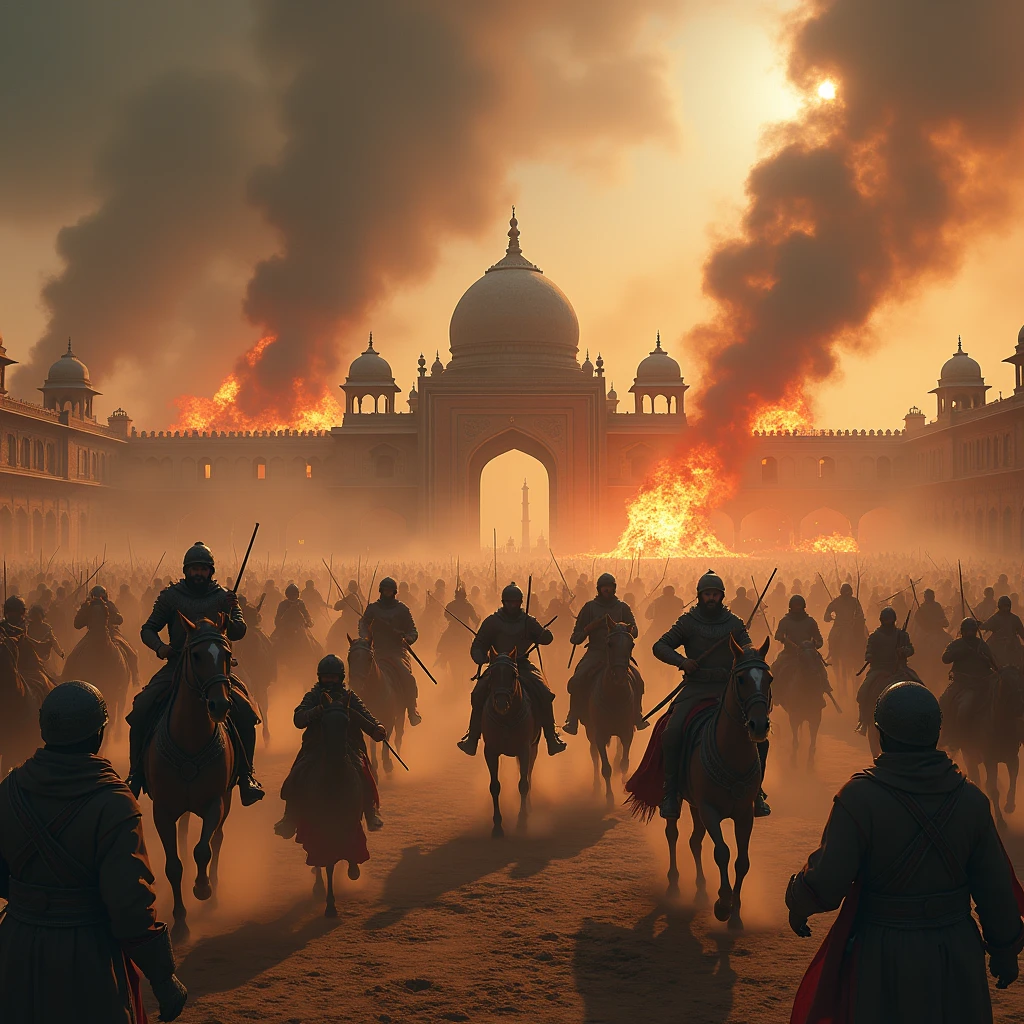 3. **Dushman Sena ka Hamla:**
- *Prompt*: "A fierce battle scene with a large enemy army attacking the fort. Maharaja Vikram Singh is leading his outnumbered soldiers in a heroic defense, swords clashing and arrows flying. The atmosphere is tense with dust and smoke rising from the battlefield."