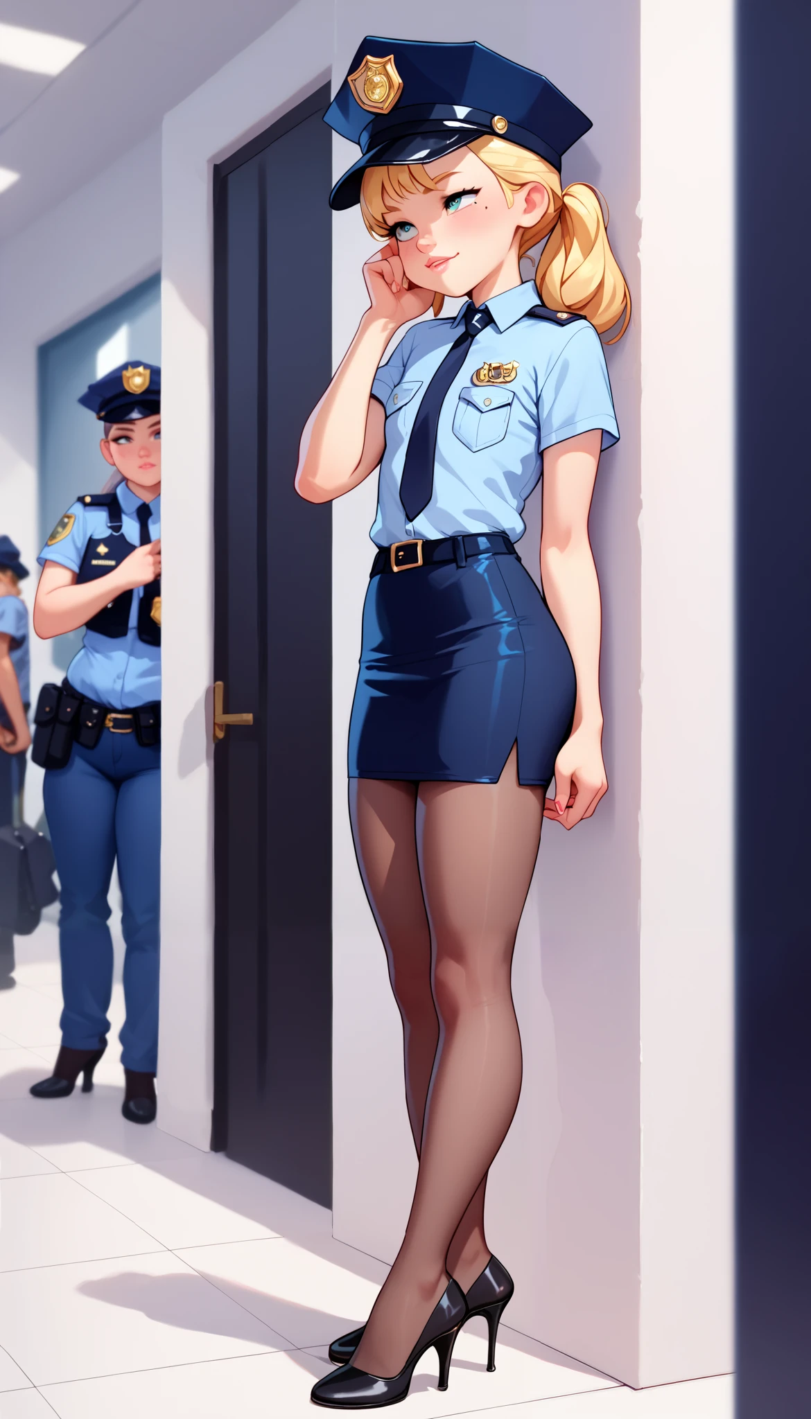 NSFW, masterpiece, Highest quality, High resolution, Very detailed, Young face, mole, Short height, Police Officer, hat, mini skirt, Pencil Skirt, pantyhose, Heels, flirt and seduce