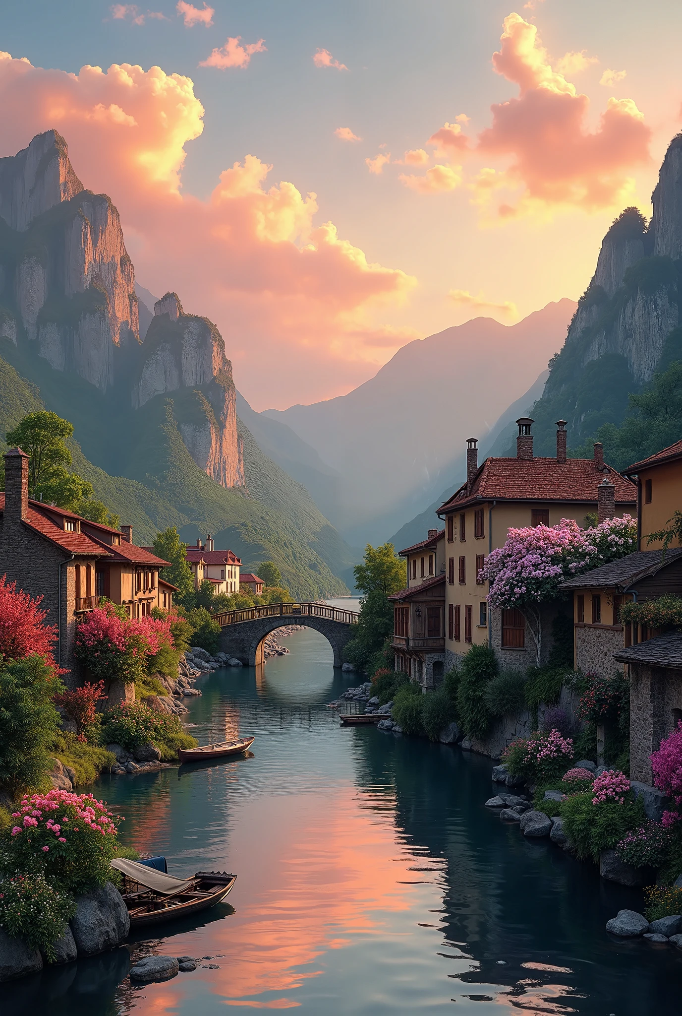 There is a river running through a small town with a bridge - SeaArt AI
