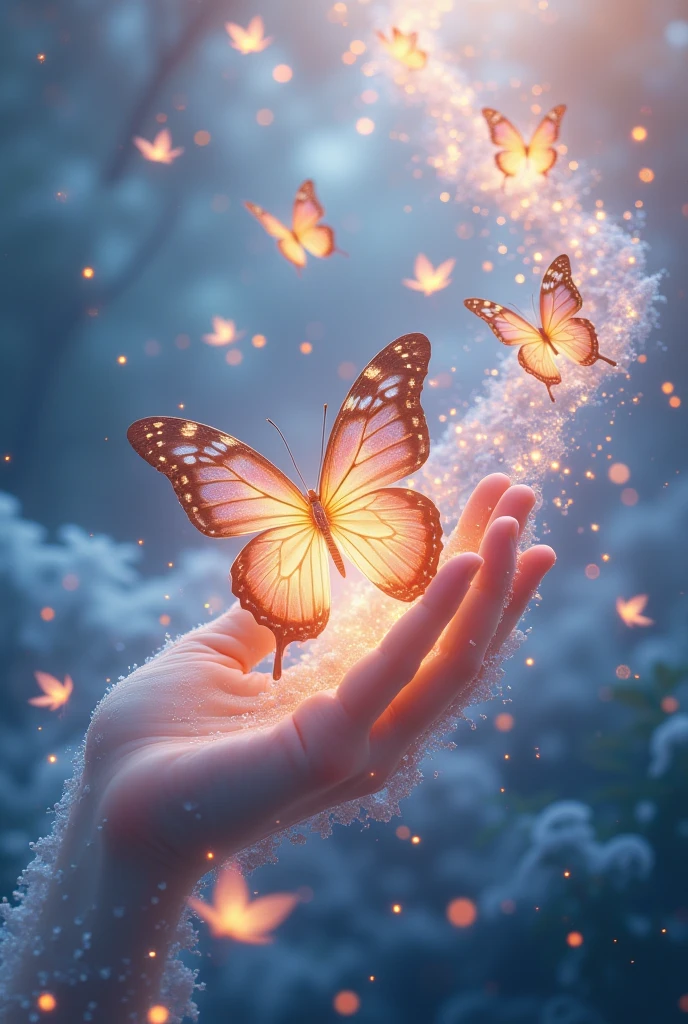 Magic style, Troop of butterflies symbolizing hope, perched upon an ethereal representation of the soul, chirping melodies with no discernible lyrics in an eternal melody, trending visual on ArtStation, intricate details captured in sharp focus, emulating a studio photo style, Greg Rutkowski's signature rendering, intricately detailed, digital painting.