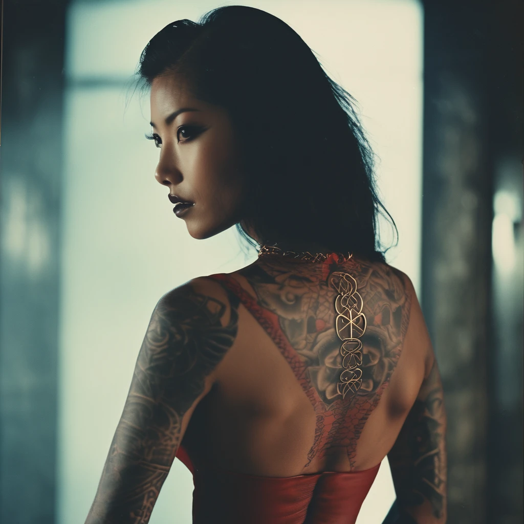 Movie poster featuring tattooed Asian woman, In a radical digital illustration style, Light red, Rap aesthetics, Fabian Perez, Fragmented realism, David Michael Bowles, High contrast chiaroscuro