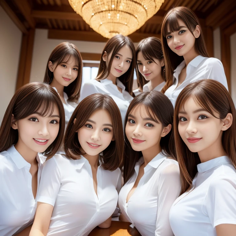 Group photo, Group photo,  very beautiful women , high definition eyes ,   highly detailed face holding 1  ,   sexy and highly detailed lips, Super detailed all ,  attractive woman,  black choker ,  blue eyes, Very long eyelashes, bangs, Big Breasts, ((smile)), Best Quality, masterpiece, ((Slim face)), Japanese actress,  servant , ((high nose)), ((tight shirt、See-through shirt)),  Happy atmosphere , 楽しいsmile, Conference table、 bright lights in front of the temple、 white skin、palace