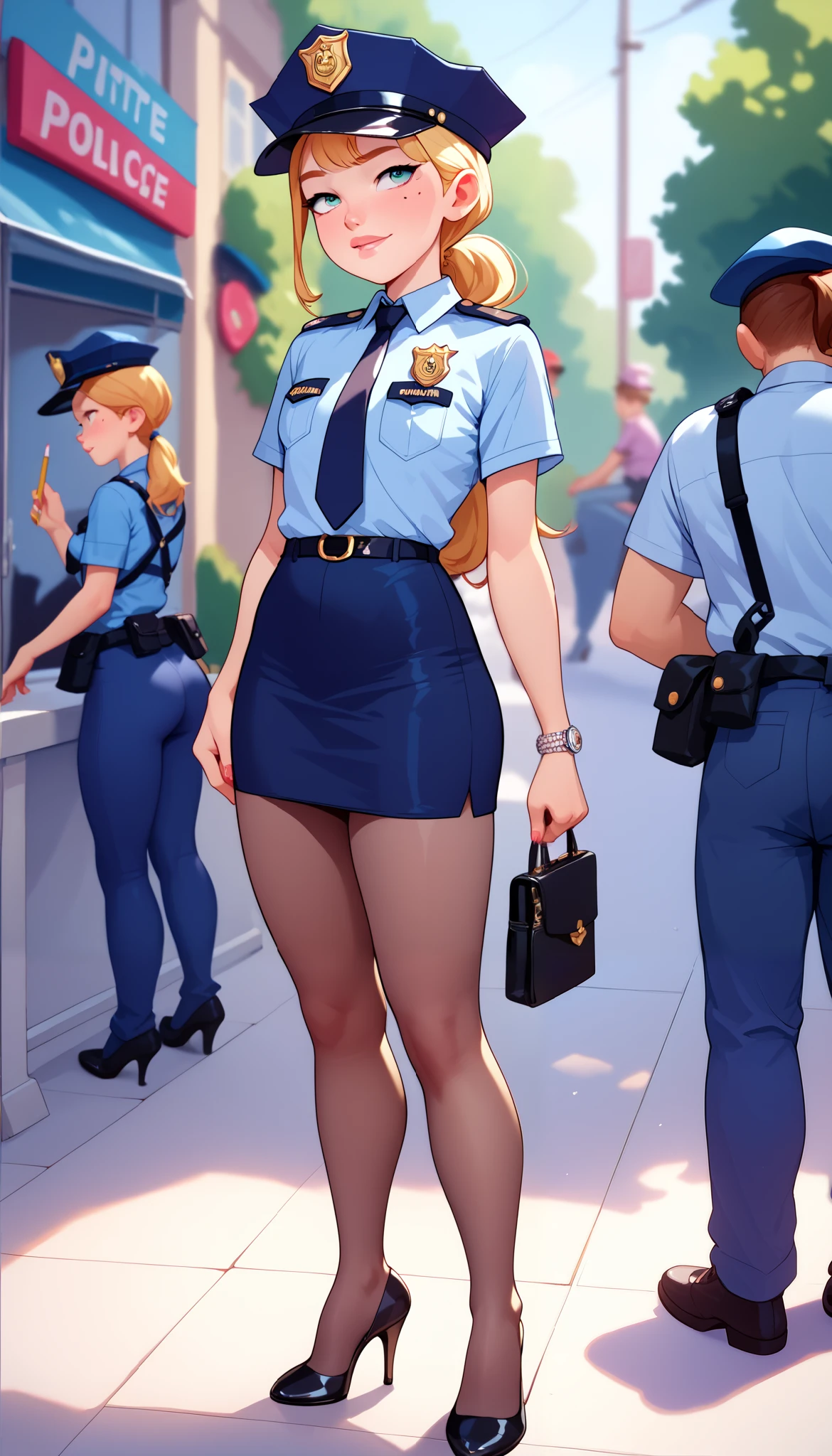 NSFW, masterpiece, Highest quality, High resolution, Very detailed, Young face, mole, Short height, Police Officer, hat, mini skirt, Pencil Skirt, pantyhose, Heels, flirt and seduce