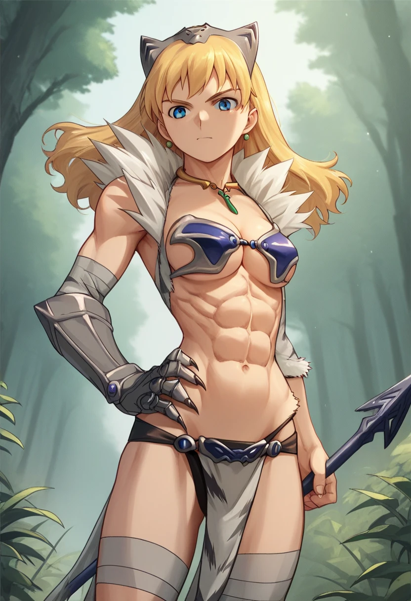 1girl, blonde hair, blue eyes, head ornament, fur vest, panties, bikini armor, bandages, gauntlets, claws, greaves, standing, holding weapon, spear, polearm, arm on waist, outdoors, forest, cowboy shot  score_9, score_8_up, score_7_up, score_6_up, score_5_up, score_4_up, BREAK source_anime, masterpiece, abs, 