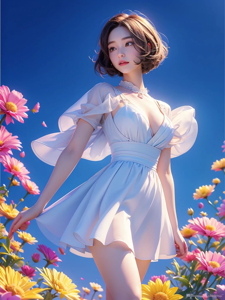 movie 사진 솔로,1 woman,,BJ_Alice,lace-trimmed_skirt,two tone_legwear, Neat short sleeve dress, flat chest,(colored hair:0.1),The beauty stands on the flowers,The facial details are perfect.,Wow, the character details are so nice.,trendy portrait,bright colors,clean background,Panorama,large aperture,pop mart production,delicate luster,8K gradient translucent glass melt,frosted glass,masterpiece, best quality,, hyperreal,realistic,16,000,high detail,high resolution . 35mm photo, movie, bokeh, professional, 4K, very detailed