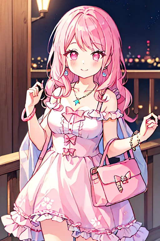 best quality, masterpiece, highres, solo, {maruyama_aya_bangdream:1.15}, 

Aya has large pink eyes and shoulder-length, pastel pink hair with wavy ends. Her bangs are straight cut with a small slant to the corner and a split off-center. Her forelocks are thin and curled.

Her casual attire is flirty and feminine, with soft colors, floral accents, and jewelry. In her initial outfit, Aya wears a short, sleeveless, frilly white dress with a pink floral pattern, and bangle, a pink jeweled necklace, and carries a pink shoulder bag.

Smile, happy