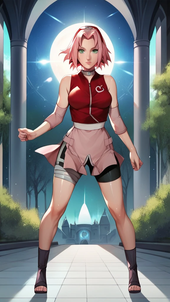 score_9,score_8_up,score_7_up,score_6_up,score_5_up,score_4_up BREAK skinny,choker,medium breasts,detached sleeves,outdoors,forest,shiny skin,bokeh,bloom,indoors,light particles,castle,space,1girl,haruno sakura,pink hair,short,hair,green eyes,forehead protector,bike shorts tightly wear,hot legs,full body perfect composition