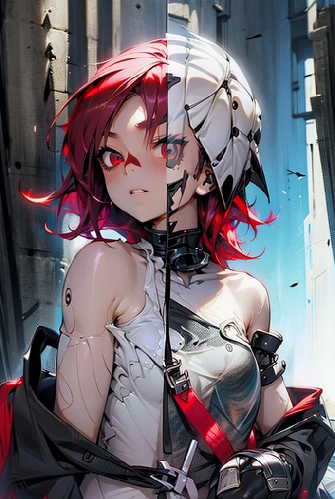 8K, 3D, grimes neofantasy anime CRISPR gene, red short hair, female character, different eye colors, red and white colors, void in background, elfic ears, fantasy, oily bubbles white bubbles, henna tatto in her face color white, mask over mouth nose and chin, cyberpunk inspired, elegant armor, ethereal art