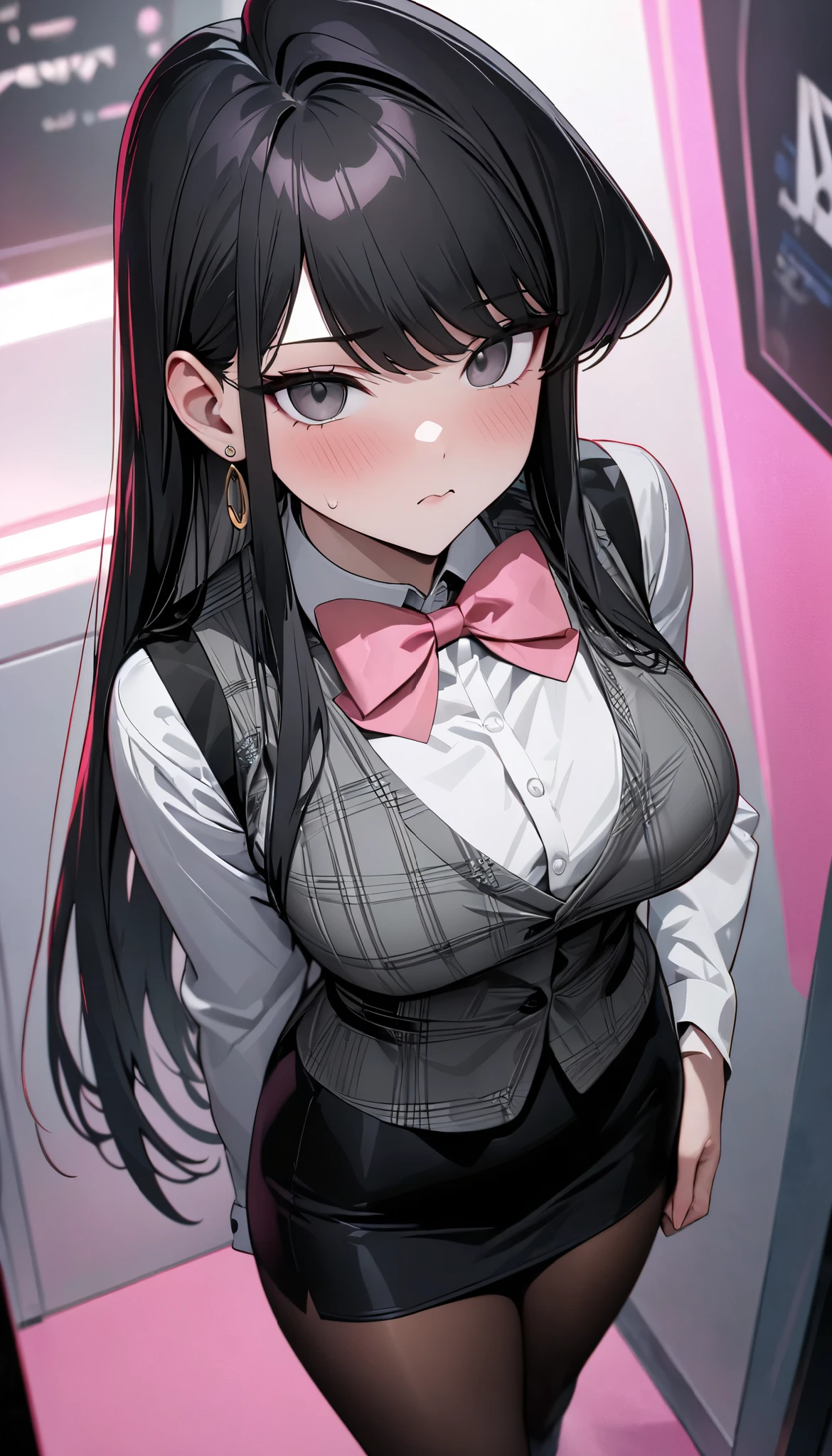 Anime girl with long black hair and a bow tie - SeaArt AI